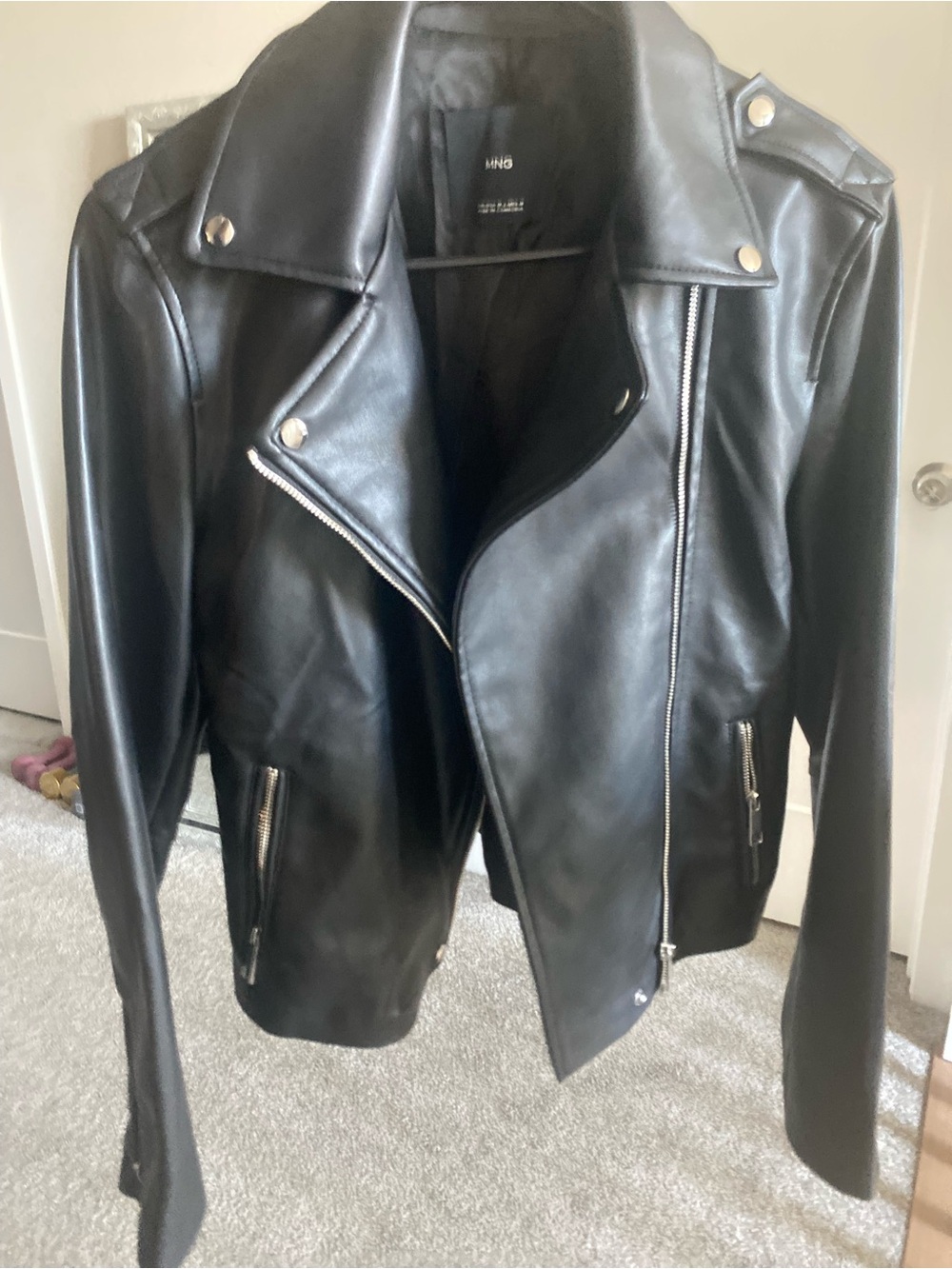 Black Faux Leather Biker Jacket with Silver Hardware by Mango
